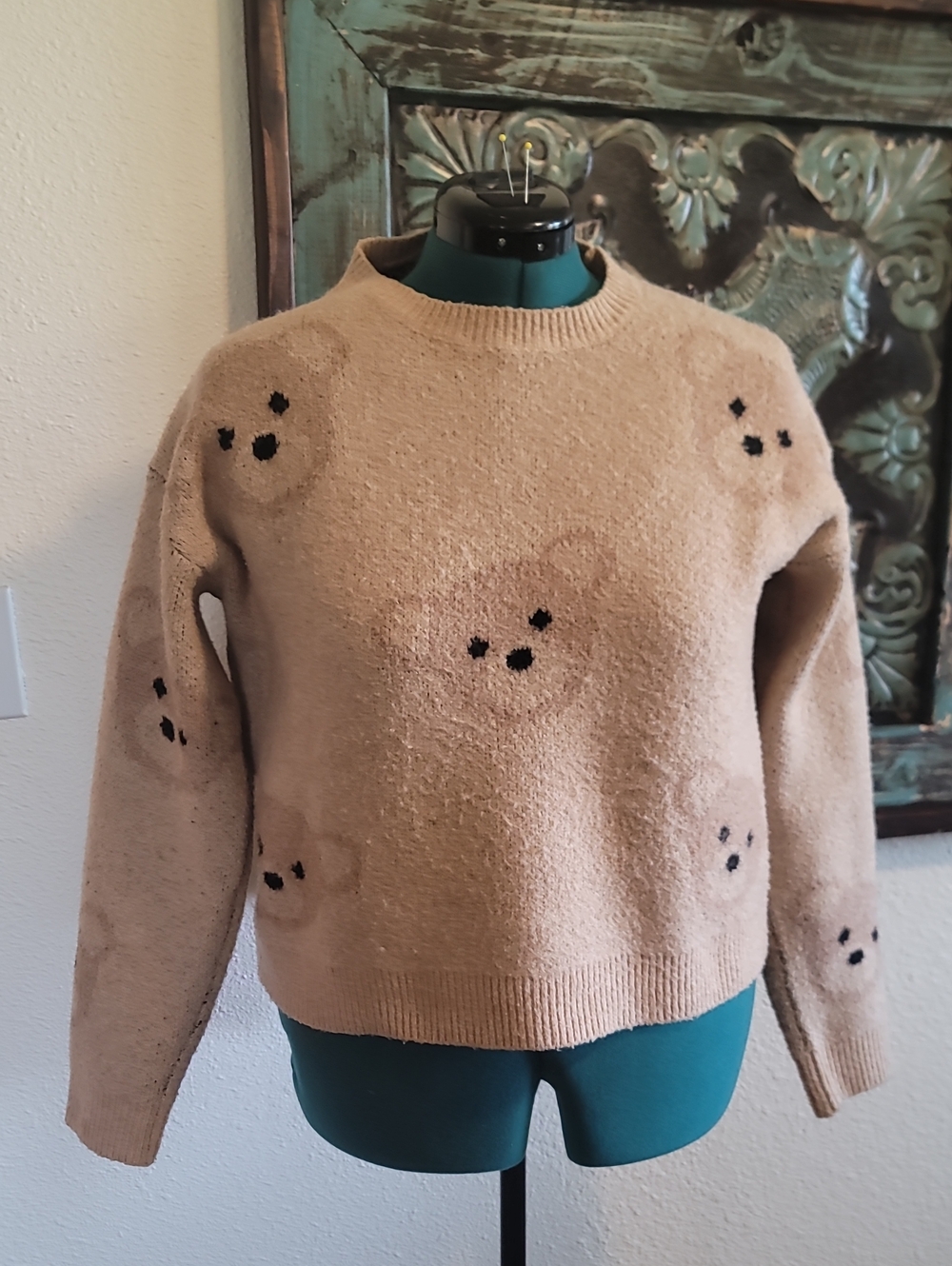 Cozy Tan Crewneck Sweater with Teddy Bear